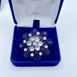 Vintage Victorian Black Filigree Metal Flower Crystal Brooch